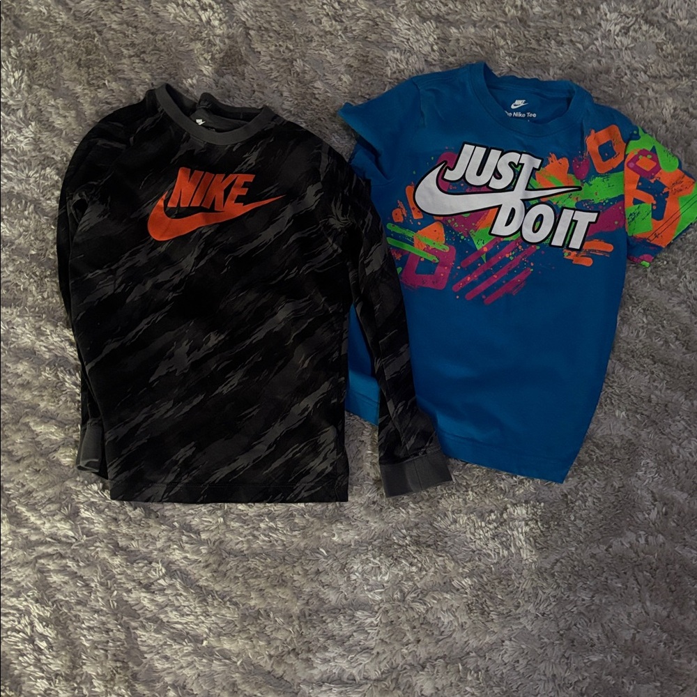 Nike Kids' Black Camo long sleeve and Blue Graphic short Sleeve Tee (2 shirts)